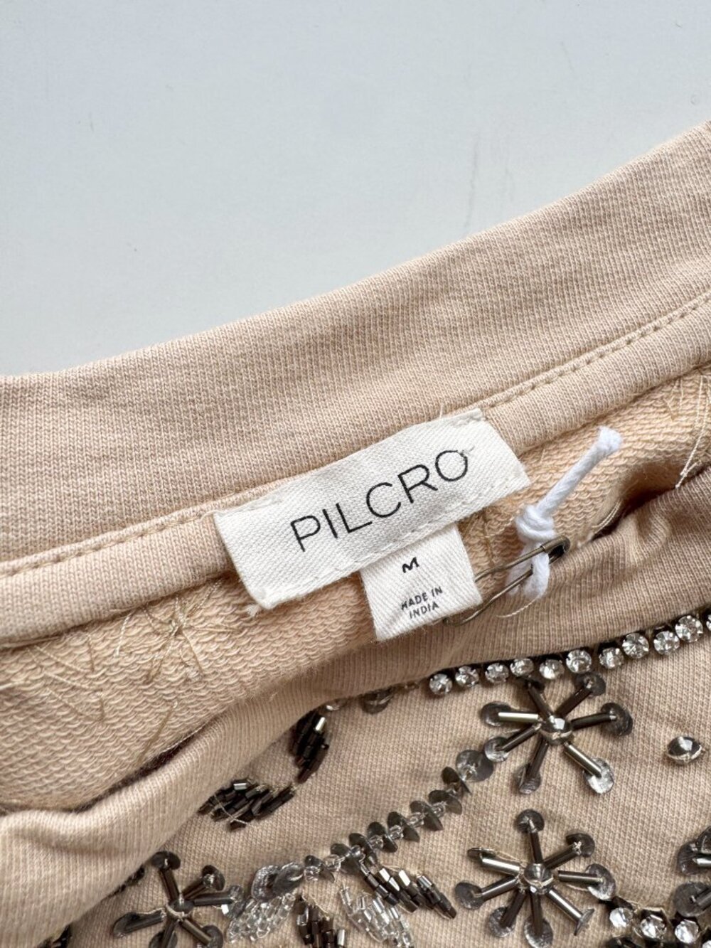 Anthropologie PILCRO Beige Beaded Sequin 100% Cotton Terry Sweatshirt, Size M - Picture 15 of 16